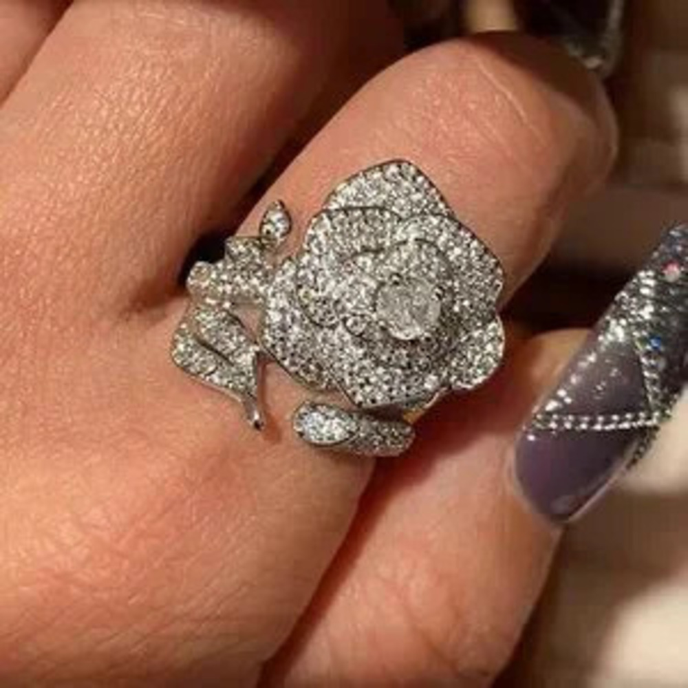 NEW 18k White Gold Diamond Ring Rose Ring Flower Ring Adjustable Size